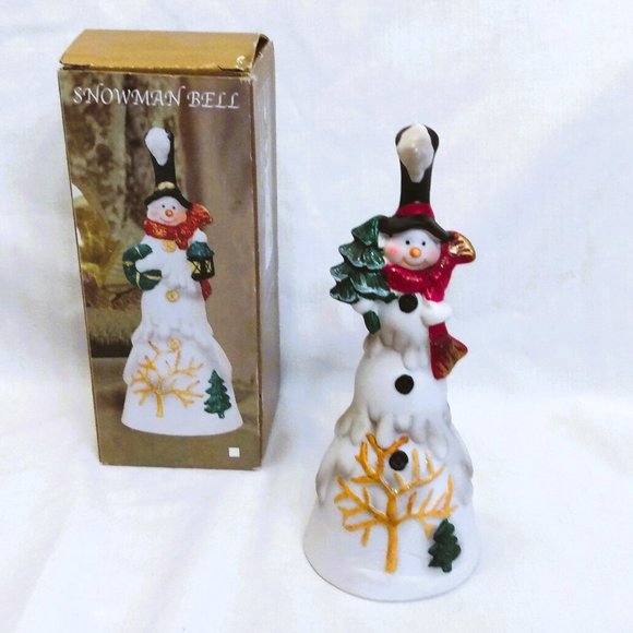 Vintage 1990's Ceramic Bisque Snowman Bell With Original Box - Picture 1 of 16